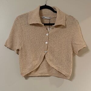 Zara Women's Beige Woven Knit Button-Down Crop Shirt